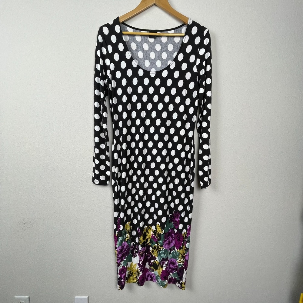 ASOS Midi Dress 12 Black White Polka Dot‎ Floral Hem Long Sleeve Stretch